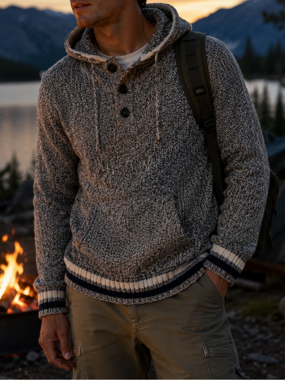 American Eagle Marled Knit Hoodie Sweater Size M Gray Pullover Campfire